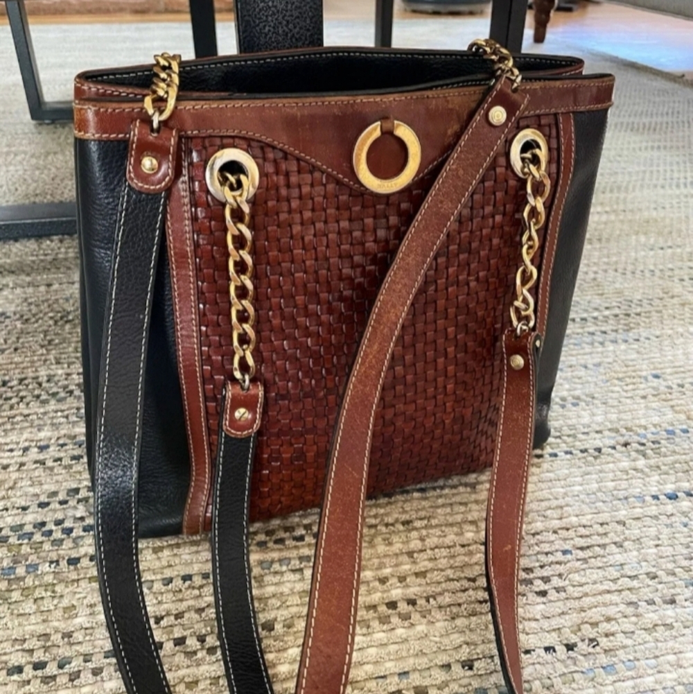 Bally Brown & Black Leather Vintage Authentic Bag Gold Chain & Leather Strap